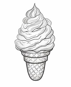 ice cream, cartoon style , minimalist drawing , thick outlines , no grey areas , no shadows , white background , no fills ,low details, black and white, coloring book for kid, --ar 9:11 --v 5.2