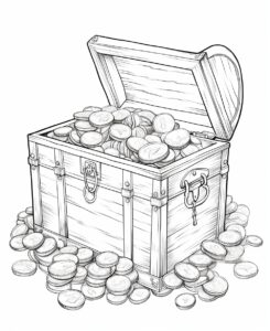 lots of coin in box, thick outlines , no grey areas , no shadows , white background , no fills ,low details, black and white, coloring book for kid, --ar 9:11 --v 5.2