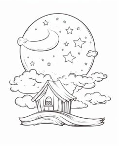 midnight, minimalist drawing , thick outlines , no grey areas , no shadows , white background , no fills ,low details, black and white, coloring book for kid, --ar 9:11 --v 5.2