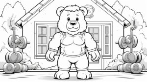 nara style,clipart, only outline, no shadow, bold black outline, teddy bear's fitness center, coloring book for kids, black and white, white background, --ar 16:9 --v 5.2
