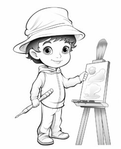 painter, cartoon style , minimalist drawing , thick outlines , no grey areas , no shadows , white background , no fills ,low details, black and white, coloring book for kid, --ar 9:11 --v 5.2