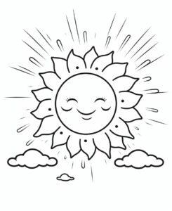 sun in the sky at noon, minimalist drawing , thick outlines , no grey areas , no shadows , white background , no fills ,low details, black and white, coloring book for kid, --ar 9:11 --v 5.2
