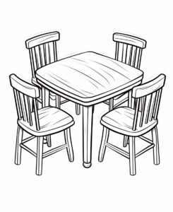 table and 4 chairs, cartoon style , minimalist drawing , thick outlines , no grey areas , no shadows , white background , no fills ,low details, black and white, coloring book for kid, --ar 9:11 --v 5.2