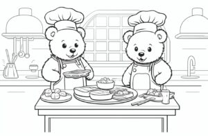 teddy bears rolling pizza in kitchen, Coloring page for children, on a white background, flaticon and dribble vector illustration, behance hd, made in figma, adobe xd, sketch, ux, ui , ux/ui , sharp and pixelated - perfect design, black and white, white background, minimalism, flat color outline icon style, simplistic design , no shadow --ar 29:19 --v 5.2