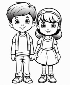 thirty boy and girl, cartoon style , minimalist drawing , thick outlines , no grey areas , no shadows , white background , no fills ,low details, black and white, coloring book for kid, --ar 9:11 --v 5.2