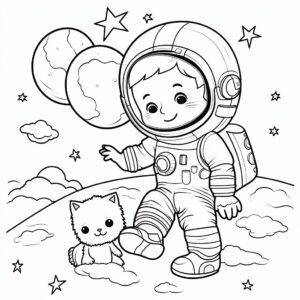 clean page from a coloring book, little astronaut playing with a little kitten on moon with stars and clouds on it, black and white, high quality, high resolution, clear image, no color, cartoon style, no background --no shadow --style raw --stylize 50 --v 5.2