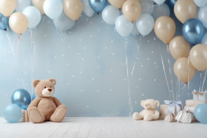 teddy bear backdrop with balloons and blue background, in the style of light gray and beige, light beige and brown --ar 3:2 --v 5.2