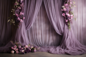 Amazing purple curtains with flowers maternity backdrop --ar 3:2 --v 5.2