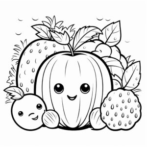 colouring page for kids, cute and easy to colour kawaii simple apple, banana, strawberry, cartoon style, thick lines, low detail, white background, --no shading --v 5.2