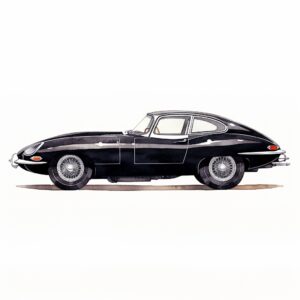simple watercolor line drawing of a black Jaguar E-Type 1961 side view