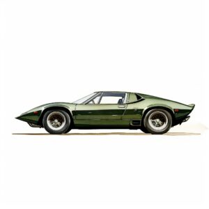 simple watercolor line drawing of a dark green Lamborghini Miura 1966 side view