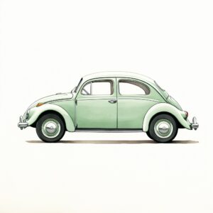 simple watercolor line drawing of a pastel green Volkswagen Beetle 1938 side view