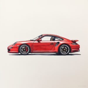 simple watercolor line drawing of side view of a red 2011 Porsche 911 with black windows --v 5.1