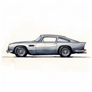 simple watercolor line drawing of the james bond aston martin DB5 in silver grey color side view