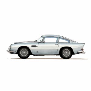 simple watercolor line drawing of the james bond aston martin DB5 in silver grey color side view