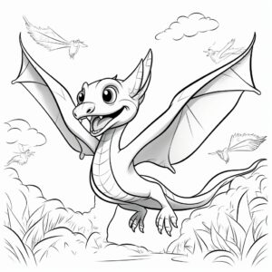 Coloring page for kids, pterodactyl flying, cartoon style, thick lines, low detail, black and white, no shading