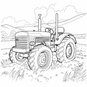 colouring page for kids, an old tractor in a field, cartoon style, thick lines, low detail, black and white, no shading ar 85:110