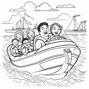 cartoon style family on a speed boat adventure, colouring book, thick lines, black and white with white background --no shadows