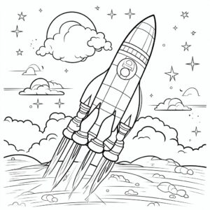 kids colouring book of rocket ships in space, cartoon style, line drawing, black and white, white background