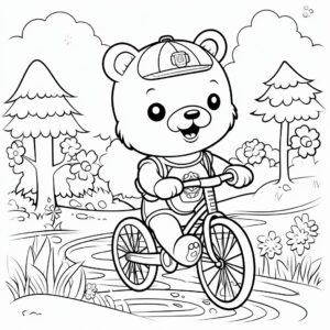 Kawaii-style teddy bear riding a bicycle through a sunny park, black and white outline art, cute and adorable style, clear lines, suitable for kids coloring book –ar 3:4 –s 800x1067 –q high