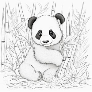 baby panda eating bamboo in jungle, no detail, no shading, thick lines, kids coloring page