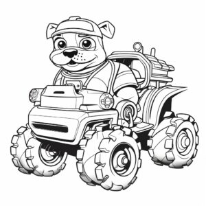 coloring page for toddlers, cute simple Bulldog Bulldozer: A construction bulldozer driven by a determined bulldog, playfully pushing blocks. , vector illustration, lineart, bold lines, black and white, no shading, low detail, thick lines, --ar 1:1