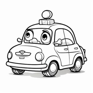 coloring page for toddlers, cute simple Taxi Twist: A taxi with springy wheels bouncing happily on the road. , vector illustration, lineart, bold lines, black and white, no shading, low detail, thick lines, --ar 1:1