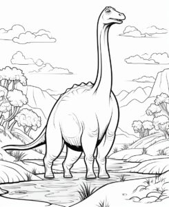 Coloring page for kids,Brachiosaurus in a ,Areas near Rivers, Lowland Forests cartoon style,low detail,thick lines,no shading --ar 9:11