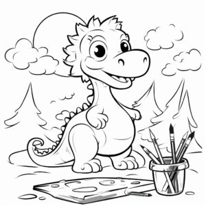 happy cute dinosaur painting a masterpiece during art class, cute cartoon Pixar for young children's coloring book, full body, line art style with bold outlines, simple black and white drawing on white background --no shading, 9:11