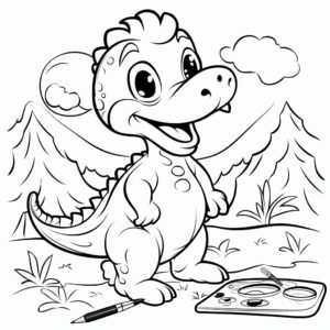 happy cute dinosaur painting a masterpiece during art class, cute cartoon Pixar for young children's coloring book, full body, line art style with bold outlines, simple black and white drawing on white background --no shading, 9:11