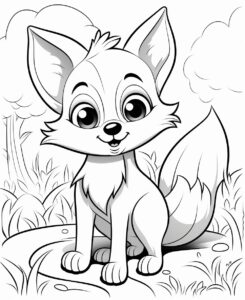 cute fox in forest, big cute eyes, pixar style, simple outline and shapes, coloring page black and white, no shading, white background, Thick lines --ar 9:11