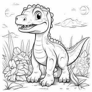 coloring page for kids, low details, no shadow, no shading,cartoon style, dinosaur, white back ground realism, thick lines