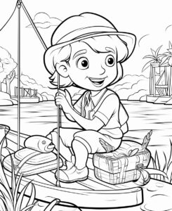 coloring page for young kids, fishing,with a net or wooden rod in a small baot low detail, no shade, thick lines, simple cartoon style, --ar 9:11