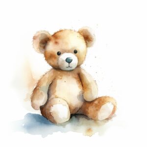 a watercolor illustration of teddy bear next to a white background, in the style of sketchfab, phoenician art, luminous shadowing, pentax 645n, realistic oil portraits, kombuchapunk, animate gifs, detail rendering, paleocore --quality 2 --v 5