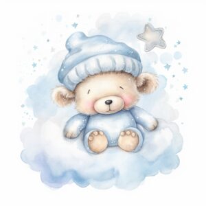 clipart, a whimsical illustration of a contented, loving and angelic baby teddy bear, wearing pajamas and pajamas hat, floating on a cloud, looks very happy, surrendered by light blue fluffy clouds, Use a smooth and light watercolor technique to give the artwork a dreamy and ethereal quality, transparent PNG background --v 5