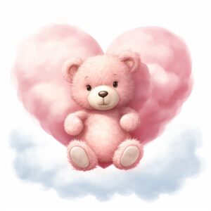 clipart, a whimsical illustration of a contented, loving and angelic baby teddy bear holding a love heart, surrendered by pink fluffy clouds, Use a smooth and light watercolor technique to give the artwork a dreamy and ethereal quality --quality 2