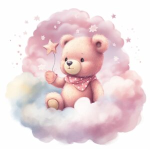 clipart, a whimsical illustration of a contented, loving and angelic baby teddy bear, wearing baby clothes, surrendered by pink fluffy clouds and stars, Use a smooth and light watercolor technique to give the artwork a dreamy and ethereal quality --quality 2