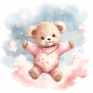 clipart, a whimsical illustration of a contented, loving and angelic baby teddy bear wearing pajamas, happy and jumping pose, surrendered by pink fluffy clouds, Use a smooth and light watercolor technique to give the artwork a dreamy and ethereal quality --quality 2