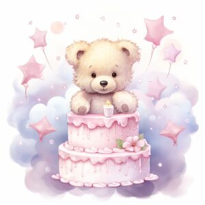 clipart, a whimsical illustration of a contented, loving and angelic baby teddy bear behind a birthday cake, surrendered by pink fluffy clouds and stars, Use a smooth and light watercolor technique to give the artwork a dreamy and ethereal quality --quality 2