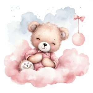 clipart, a whimsical illustration of a contented, loving and angelic baby teddy bear holding ababy pacifier/dummy on it's mouth, wearing pajamas, surrendered by pink fluffy clouds, Use a smooth and light watercolor technique to give the artwork a dreamy and ethereal quality --quality 2