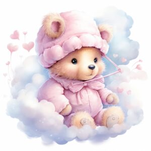 clipart, a whimsical illustration of a contented, loving and angelic baby teddy bear, wearing pajamas and pajamas hat, floating on a cloud, surrendered by pink fluffy clouds, Use a smooth and light watercolor technique to give the artwork a dreamy and ethereal quality --quality 2