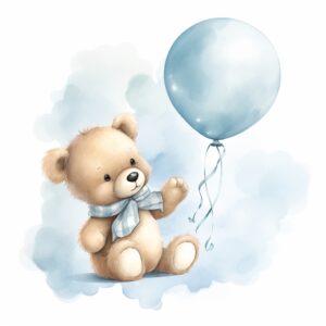 clipart, a whimsical illustration of a contented, loving and angelic baby teddy bear wearing pajamas, holding balloons, floating on a cloud, surrendered by light blue fluffy clouds, Use a smooth and light watercolor technique to give the artwork a dreamy and ethereal quality, transparent PNG background