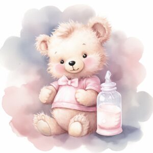 clipart, a whimsical illustration of a contented, loving and angelic baby teddy bear with a milk baby bottle, surrendered by pink fluffy clouds, Use a smooth and light watercolor technique to give the artwork a dreamy and ethereal quality --quality 2