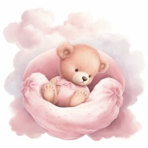 clipart, a whimsical illustration of a contented, loving and angelic baby teddy bear sleeping, on a baby bed, surrendered by pink fluffy clouds, Use a smooth and light watercolor technique to give the artwork a dreamy and ethereal quality --quality 2