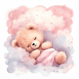 clipart, a whimsical illustration of a contented, loving and angelic baby teddy bear sleeping on a bed, surrendered by pink fluffy clouds, Use a smooth and light watercolor technique to give the artwork a dreamy and ethereal quality --quality 2