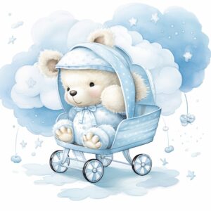 clipart, a whimsical illustration of a contented, loving and angelic baby teddy bearis on a baby stroller, wearing pajamas and pajamas hat, surrendered by powder blue fluffy clouds, Use a smooth and light watercolor technique to give the artwork a dreamy and ethereal quality --quality 2