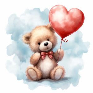 clipart, a whimsical illustration of a contented, loving and angelic baby teddy bear holding a red love heart, surrendered by light blue fluffy clouds, Use a smooth and light watercolor technique to give the artwork a dreamy and ethereal quality, transparent PNG background