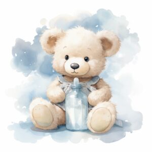 clipart, a whimsical illustration of a contented, loving and angelic light brown color baby teddy bear with a milk baby bottle, surrendered by light blue fluffy clouds, Use a smooth and light watercolor technique to give the artwork a dreamy and ethereal quality --stylize 250