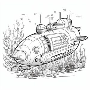 futuristic submarine underwater, coloring book style, black and white