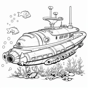 futuristic submarine underwater, coloring book style, black and white